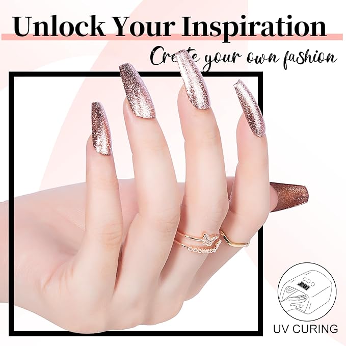 NXJ INFILILA Rose Gold Glitter Gel Nail Polish, Reflective Shimmer Gel Liner for Nail Art, Holographic Sparkle Long-lasting Color Soak Off UV Lamp Cured Gels for Art Manicure Salon DIY at Home B03