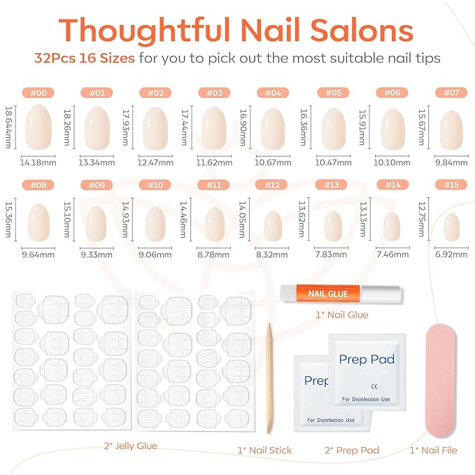 Modelones Press on Nails Oval, Milky White Short Fake Nails, Valentines Reusable Nail Kit with Nail Glue Adhesive Tabs Mini Nail File, Nails Press Ons 32Pcs 16 Sizes, Women Girl Gift