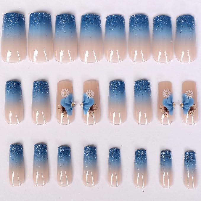 MISUD Press on Nails - Long Square Fake Nails with Blue Ombre, Acrylic Bling Glitter Design 24 pcs