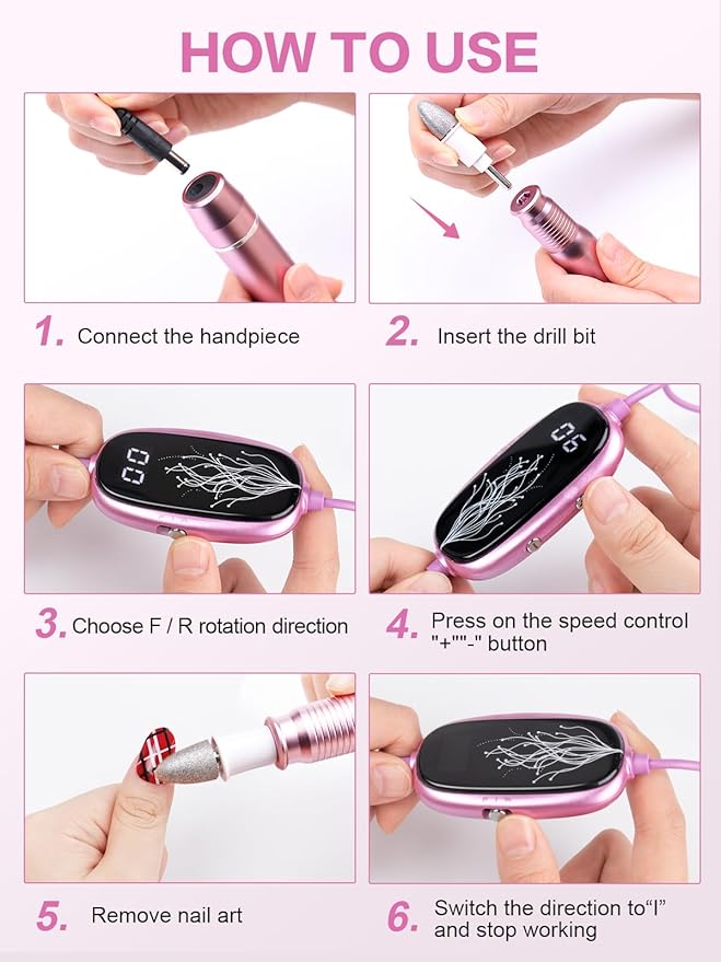 Subay Professional Manicure Pedicure Kit, Electric Nail Drill Set with LED Display, 25000RPM, 11-Piece Attachments Plus 20 Sanding Bands, Nail Grinder Tool for Women Men Baby Pets, with Dust Brush