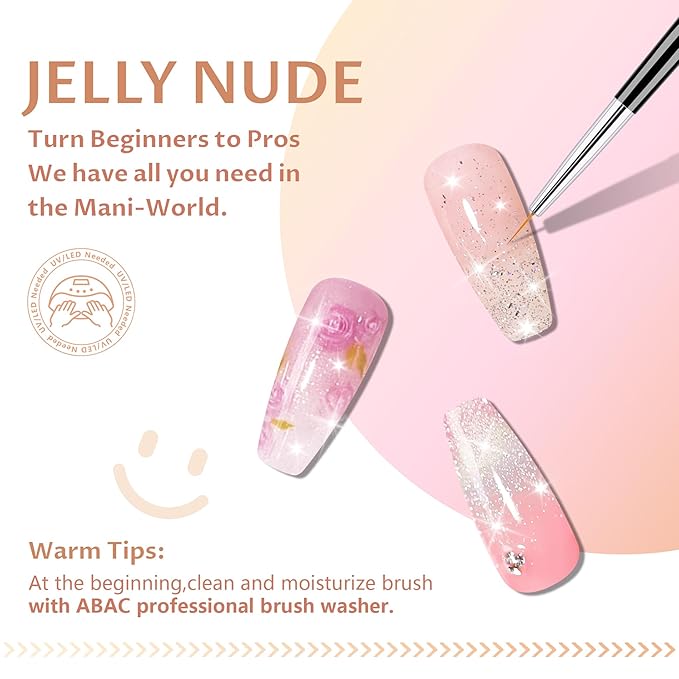 ABAC Solid Jelly Gel Nail Polish Set Hema Free Sheer 24 Colors w/Dual Brush - Nude Pink Shades,Non-Toxic & Transparent Long-Lasting Soak-Off Gel Kit for Home & Salon Use-Spring/Summer Nails