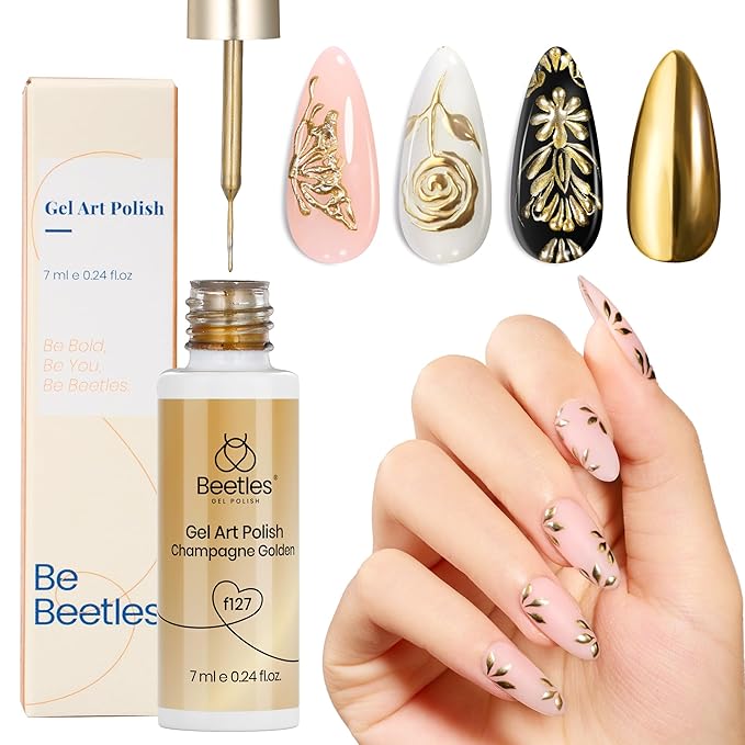 Beetles Gel Nail Polish Gold French Tip Gel Liner 7ml Mirror Effect Build in Thin Brush French Swirl Line Metal Painted Polish Nail Art Soak off Uv Lamp Manicure Salon