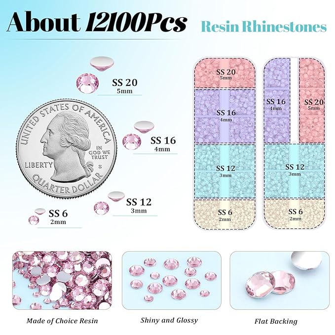 12100Pcs Resin Rhinestones for Crafting with 3Pcs 10ml B7000 Jewelry Glue, 2 Boxes Flatback Crystals Diomand (Light Pink) for Bedazzling Crafts DIY Nail Art Makeup，Non Hotfix Gems for Clothing Shoes
