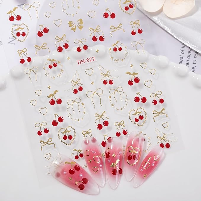 4 Sheets Cherry Strawberry Nail Stickers 5D Embossed Nail Art Stickers Summer Nail Decals with Cute Fruit Bow Designs Sweet DIY Self-Adhesive Nails Art Supplies for Women Girls