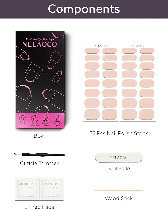 Nail Polish Strips – 32PCS UV Free Salon Quality Wraps, Long Lasting Gel Nail Stickers for Women (Vanilla White)