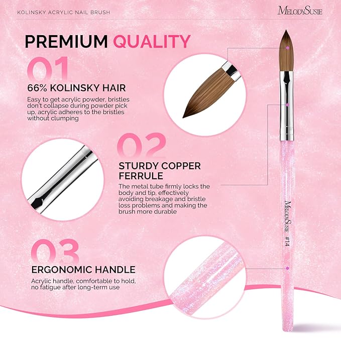MelodySusie Kolinsky Acrylic Nail Brush,66% Kolinsky Hair Professional Nail Art Brush for Acrylic Application, Aurora Collection Fine Glitter Brush,Size 14
