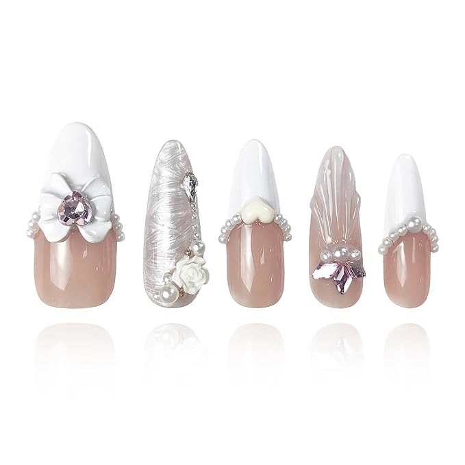 2025 Bridal Romance Pearl Bow White Sheer Reusable Handmade PMMA Acrylic Press on Nails w/Box Gifts for Women (Pure Vow, M)