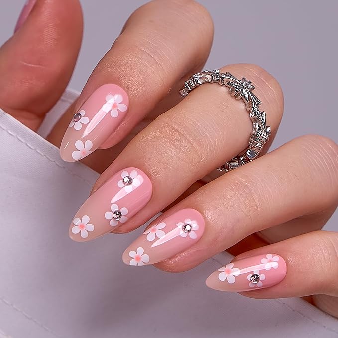 CurvLife Soft Gel Alomond Press On Nails, Long-Lasting Reusable Fake Nails Kit with Glue & Tabs, 30pcs Salon-Quality Stick On Nails for Women At-Home Manicure (Soft Daisy)