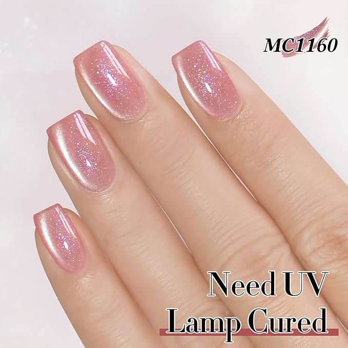 Double Rhythm 0.5 Oz Cat Eye Gel Polish with Magnet Same Color Same Bottle Holographic Glitter Shimmer Translucent Color Salon 15 ML Magnetic Nail Art (Peach Pink-MC1160)