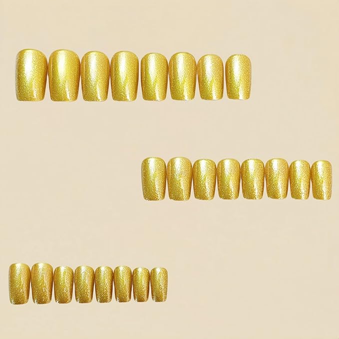 Gold Press on Nails Short Square Fake Nails Press ons with Designs Gold Glitter Full Cover Glue on Nails Shiny Glossy Acrylic False Nails Stick on Nail for Women Nail Manicure Decoration 24Pcs