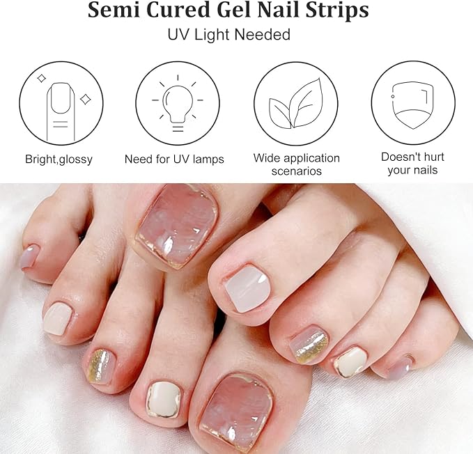 32 Pcs Semi Cured Gel Toe Nail Strips Nude Pink Gel Nail Stickers with Marble Design Gold Nails Wraps Self Adhesive Toe Nails Polish Strips Stickers for Women UV/LED Light Required