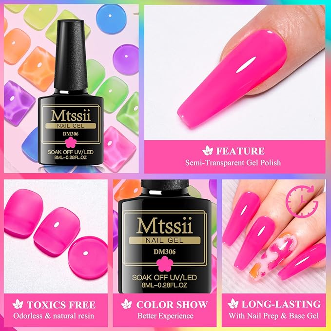 MTSSII Jelly Gel Nail Polish Translucent Neon Nail Polish Hot Pink Blue Purple Rainbow Neon Yellow Green Orange Gel Polish See Through Nail Trend Soak Off UV LED Nail Art Manicure Kit