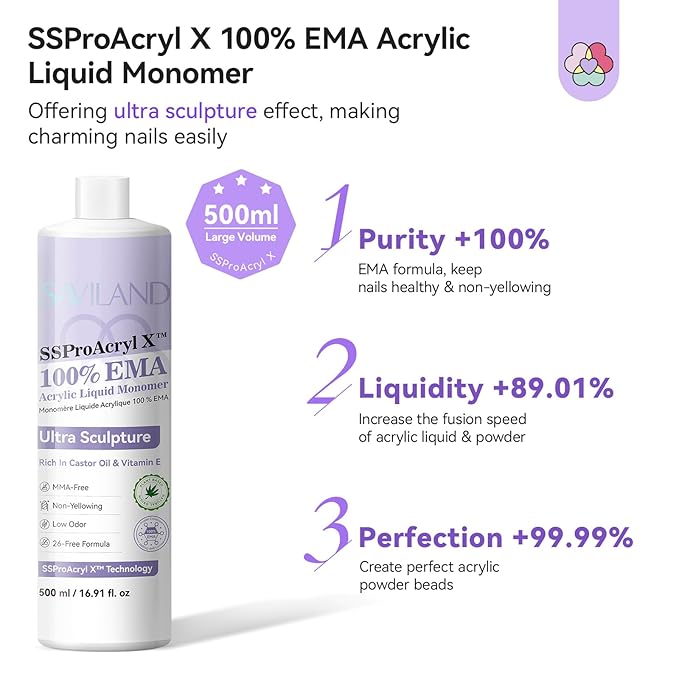 SAVILAND SSPro X Pure EMA Monomer Acrylic Nail Liquid: 500 ml 16.91 fl. oz Acrylic Liquid Low Odor Non-Yellowing Nail Monomer for Acrylic Powder Nail Extension DIY Home