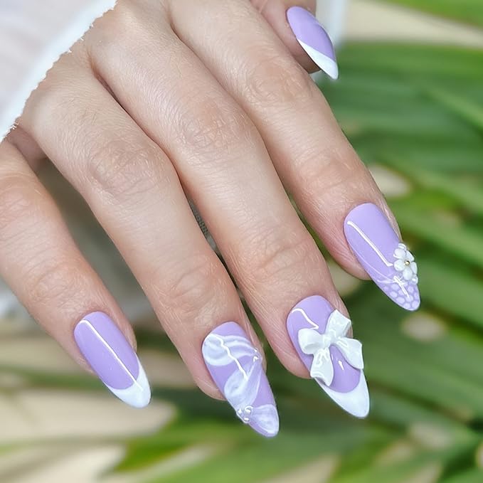 Handmade Press On Nails Medium Almond Pastel Purple with White French Tip, Flower Accents 3D Bow & More. Reusable Soft Gel Nails in 12 Sizes -24 Nail Kit with Glue| Designed in L.A| Lilac Lace