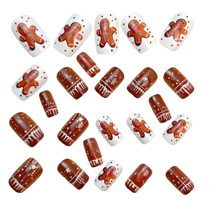 Christmas Press on Nails Short Square Fake Nail with Gingerbread Man Designs Brown Xmas False Nails Glossy Full Cover Winter Stick on Nail for Women 24 Pcs