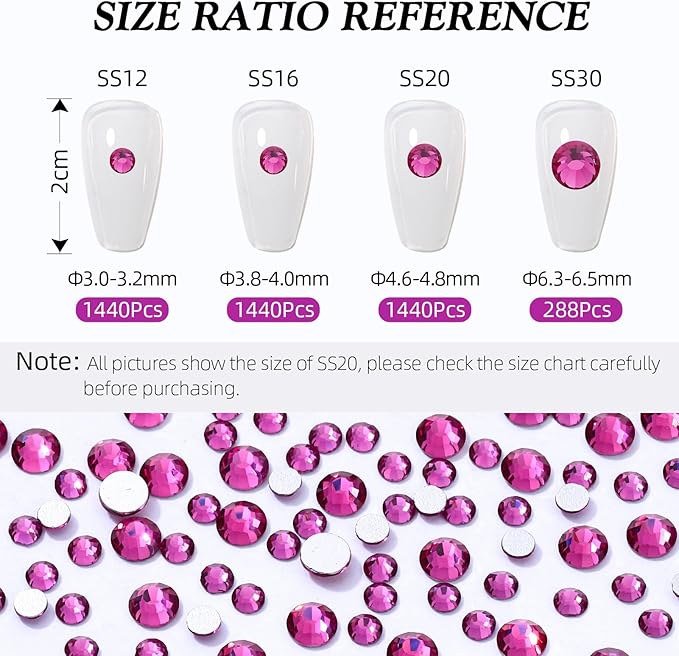 Fuchsia Flatback Rhinestones, Glass Rhinestones for Nail Art and Craft, Glue Fix, Loose Crystal Gemstones(Fuchsia, SS16, 1440pcs, 3.8-4.0mm)