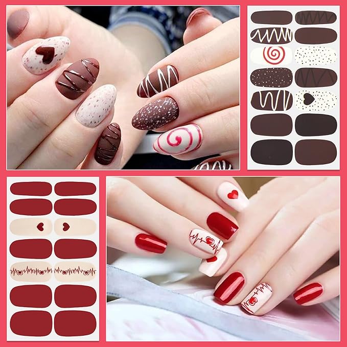 DANNEASY 16 Sheets Valentine's Day Nail Polish Strips for Women Red Nail Wraps Gel Nail Strips Self Adhesive Nail Polish Stickers Fingernails Nail Art Design with Nail File, Cuticle Stick