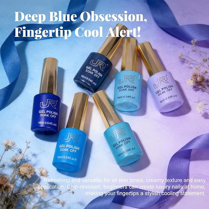 JR Blue Gel Nail Polish Set, 16ml Full Size Bottle 6 Colors Blue 9D Cateye Glitter Nail Gel Polish Gift Soak Off Led Nail Art Kit Salon DIY Colorful Bottle I