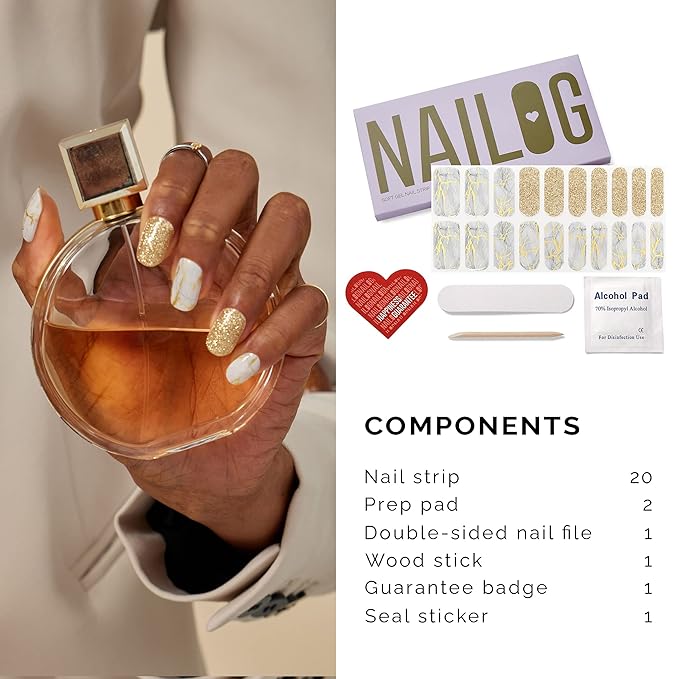 NAILOG Semi Cured Gel Nail Strips (20 Extra Long Polish Stickers/Wraps) │ Glossy & Long Lasting Soft Gel Finishing (White Marble)