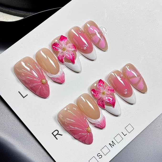 White French Tip Press on Nails Flower Fake Nails with 3D Water Rpple Luxury Pearl Designs Handmade Press on Nails Pink Gradient False Nail Full Cover Thick Acrylic Nail for Women Nail Art (Size S)