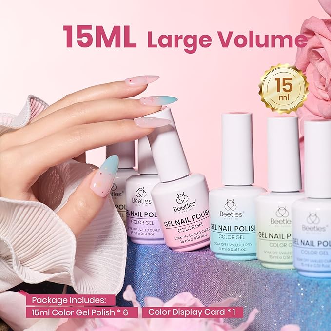 Beetles Spring Nectar Jelly Gel Nail Polish Set - 6 Colors 15ML Pastel Gel Polish Kit Pink Purple Blue Mint Green Yellow Sheer Translucent Effect Soak Off UV Nail Art Manicure Gift for Women