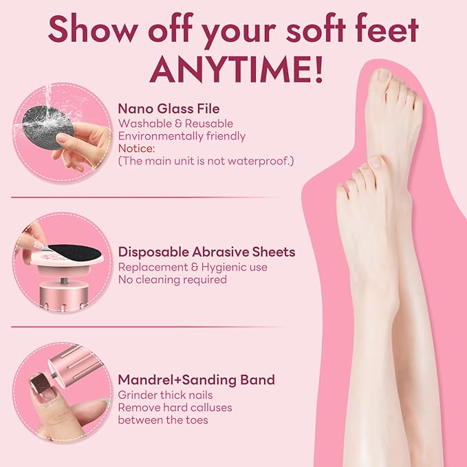 JINYAWA Electric Foot Callus Remover - 2-in-1 Rechargeable Cordless Foot File with LCD Display & 6 Speeds - Professional Foot Sander for Dead Skin, Thick Nails, Heels and Soles (Pink)