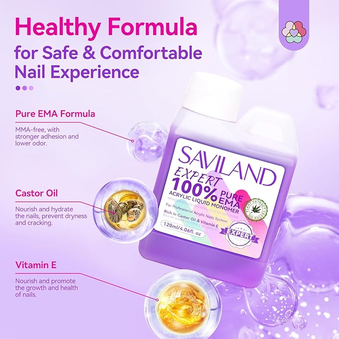 SAVILAND EMA Monomer Acrylic Nail Liquid: 4 fl. oz/120 ml Low Odor Castor Oil Vitamin E Acrylic Liquid Professional Pure EMA Nail Monomer Liquid Nail Tech Salon For DIY Home & Nail Salon Use