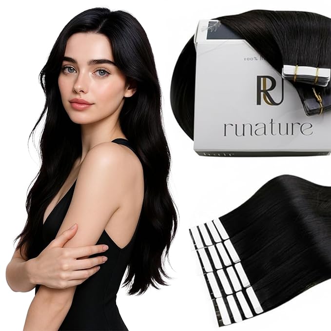 RUNATURE Black Tape in Hair Extensions Human Hair, 14 Inch 40G 20Pcs, Natural Black Tape in Extensions #1B, Seamless, Easy To Maintain, Natural Blending in Daily Wearing