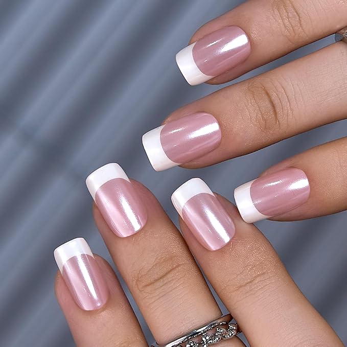 Curvlife Square French Press on Nails Medium Acrylic Fake Nails with Medium Hanley French Design Full Cover False Nails Tips for Women Reusable Nail Kit