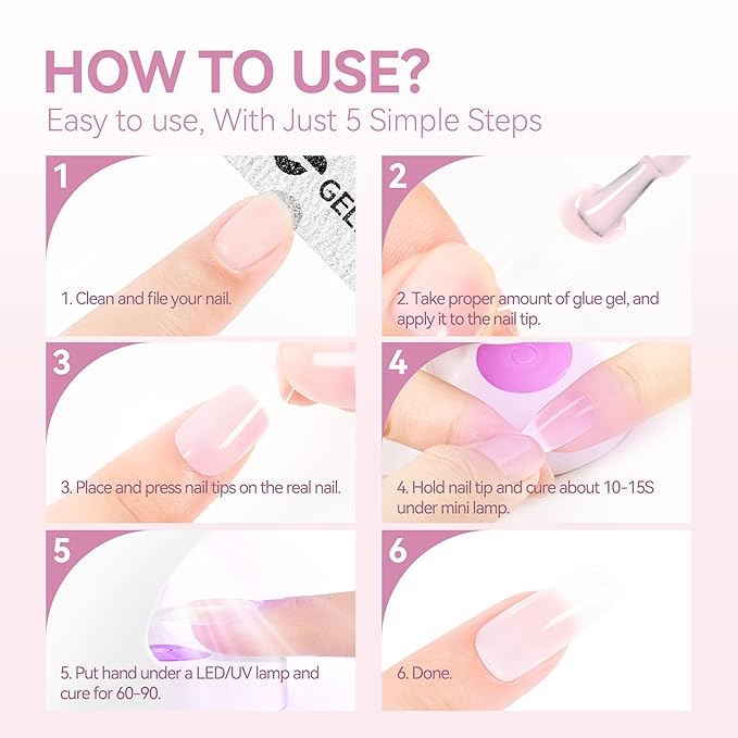 Gelike EC Gel Nail Glue UV Light: Pink 6 in 1 Adhesive Gel Nail Polish, Strong Nail Glue for Press On Nails Nails Acrylic Tips, Long Last - Nail Art Gift for Home Salon Beginner DIY
