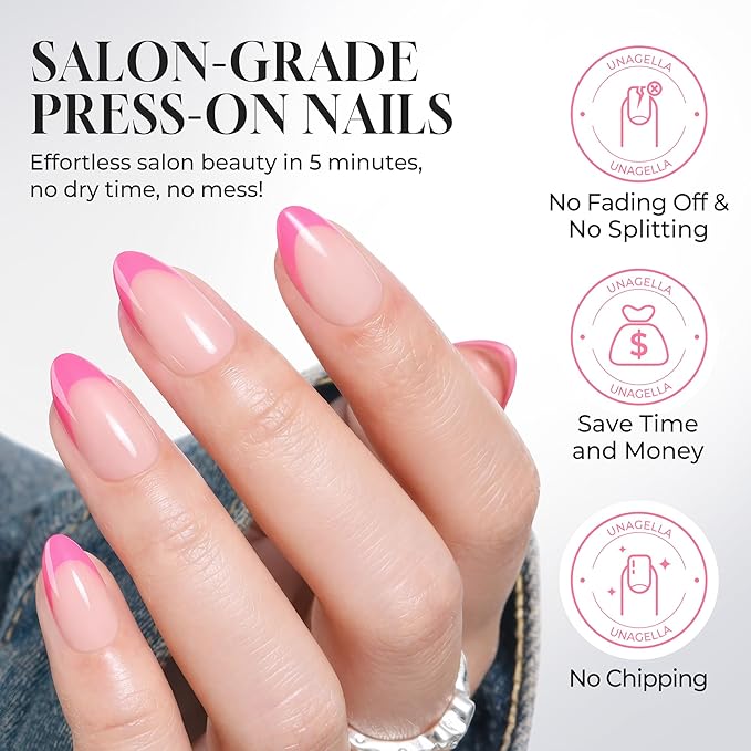 UNA GELLA 32Pcs Soft Gel Press on Nails - 16 Sizes Hot Pink French Tip Almond Glue on Nails, Reusable Neon Pink False Nails, Full Cover Acrylic Nail Kit for Women DIY Home Manicure