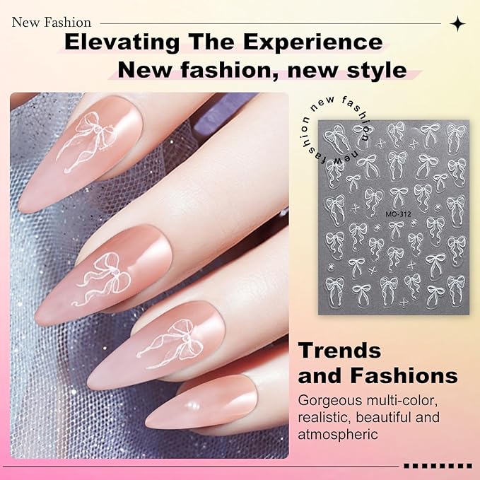 3 Sheets Bow Nail Sticker 3D Embossed Self-Adhesive Color Bow Art Nails Decals 5D Design Stickers Supplies for Women Girls Manicure Decoration 807-10