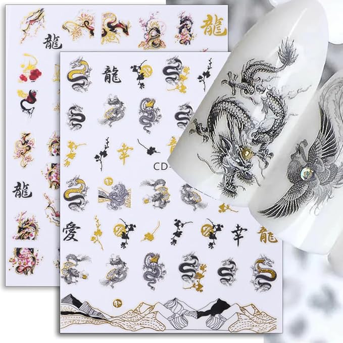3D Gold Black Dragon Nail Stickers for Chinese New Year Dragon Nail Art Designs