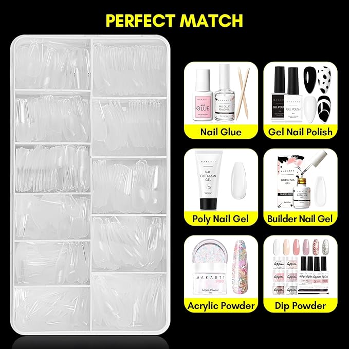 Makartt Coffin False Nail Tips: 500pcs Long Pre-buffed Full Cover Clear Press on Acrylic Nails Extension 10 Sizes No Crease Soak Off Soft Gel Fake Tip with Box Home DIY