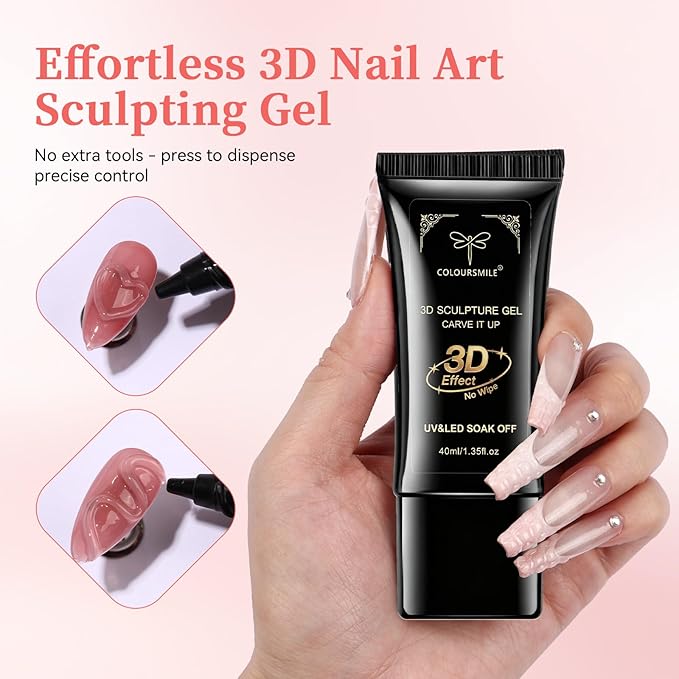 4 in 1 No Wipe 3D Nail Sculpting Gel 40ml - Clear Gel Glue for Nail Tips, Chrome Powder, Gems, Drawing & Christmas DIY Nail Art (UV/LED Lamp Curing Required)
