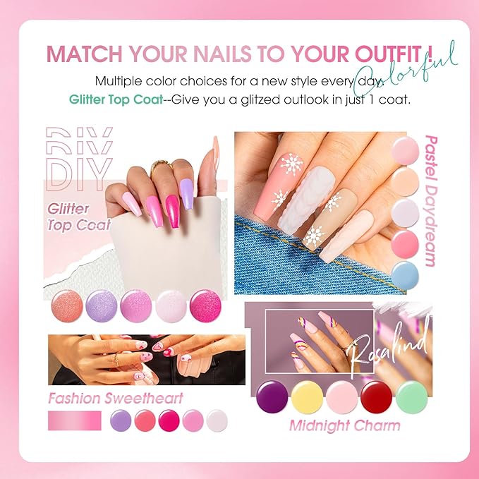 ROSALIND 30PCS Gel Nail Polish Set with Base Glossy Matte and Glitter Top Coat Gel Polish, Pink Green Hot Pink Gel Nail Set Soak Off Gel Polish Set