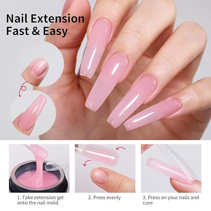 Pink Builder Gel Set, 3 in 1 Nail Gel for Nails Extension Hard U V Builder Kit With Clear Nail Tips Model and Brush 1.23 Oz