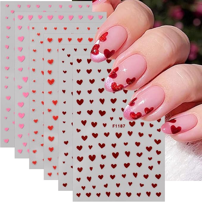 6 Sheets Valentines Nail Stickers 3D Self-Adhesive Mini Heart Nail Art Stickers Set Glitter Pink Red Heart Nails Design Decal Romantic Valentine Stickers for Nails DIY Women Manicure Decoration