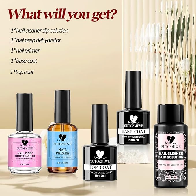 Nail Dehydrator and Primer with Base & Top Coat Gel Nail Polish,Slip Solution for Polygel Nails,Multi-Purpose Nail Cleanser,5PCS Nail Prep Kit for Home DIY Professional Manicure Nail Salon