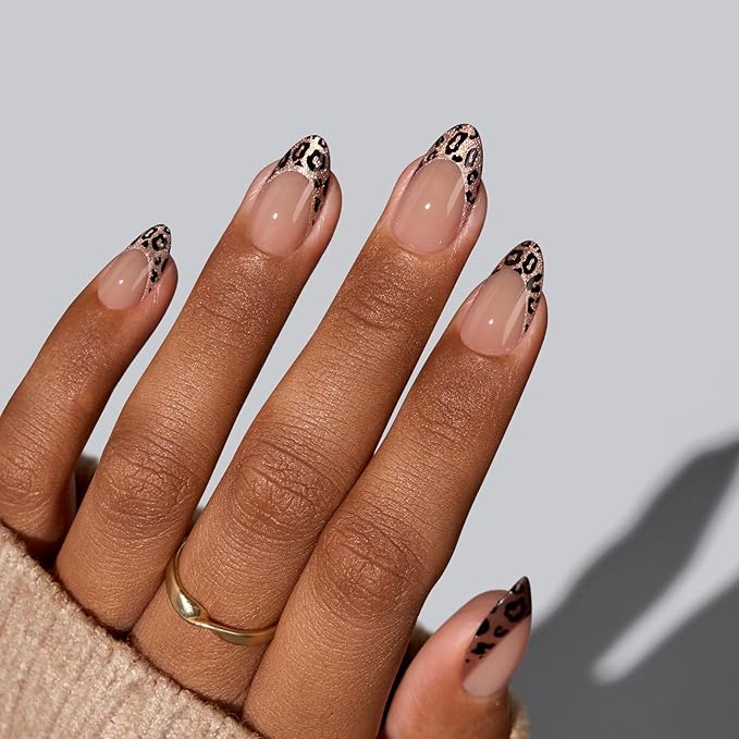 BTArtbox Press On Nails Short - Lamp-Curable Leopard French Tip Almond Press On Nails with Glue for Women, Semi-Transparent Soft Gel Glue On Nails in 16 Sizes - 32 Stick On Nails Kit, Wild Cheetah