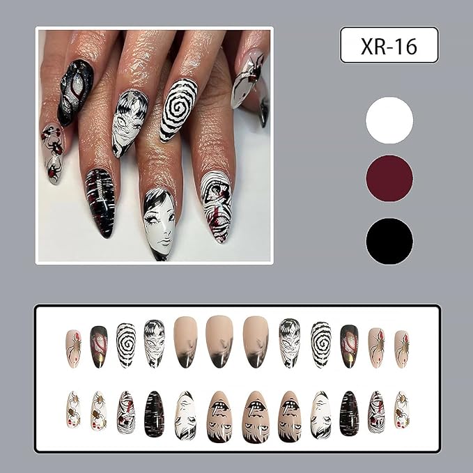 24pcs Almond Press On Nails - Medium Gothic Anime Design, Black & White, Full Cover, Glossy, Reusable DIY Nails for Women's Manicure