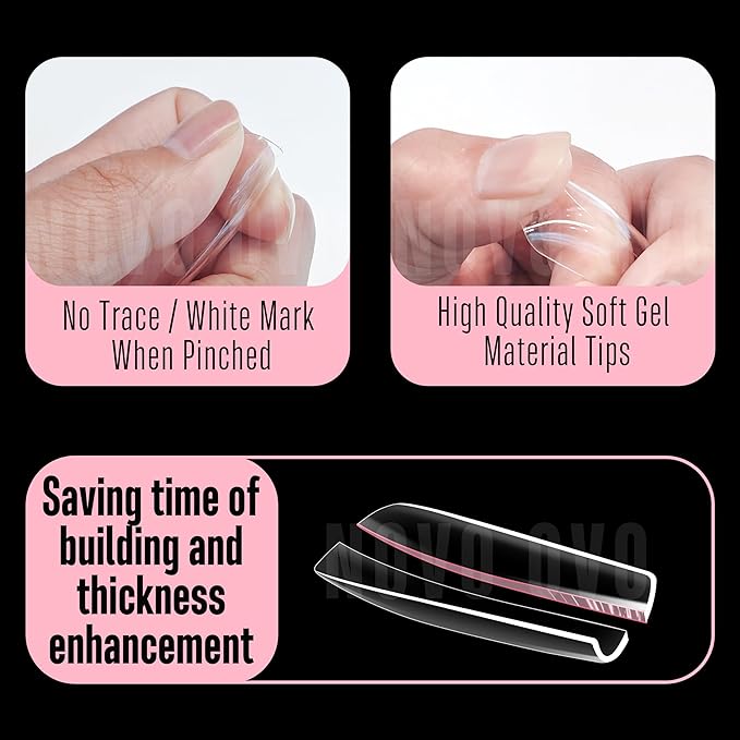 NOVO OVO Long Square Nail Tips SCULPTED (Not NATURAL) for Curved Nail Beds, Extra Thick L Length False Nails Press on, Full Cover Soft Gel Fake Nail Extension, Salon DIY x 15 Sizes 450 pcs