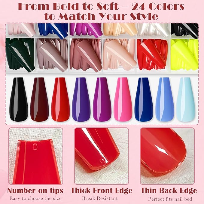 AddFavor Coffin Press on Nails Long, 576pcs Coffin Fake Nails Full Cover Long Glossy Ballerina Nails Press on Acrylic False Nail Tips 24 Colors for Women