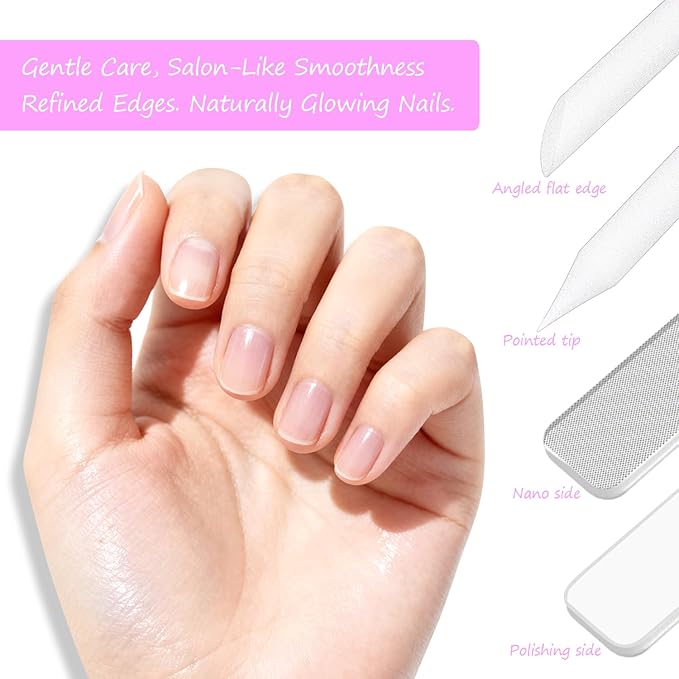 Glass Nail File and Cuticle Pusher Set, Dual-Ended Crystal Cuticle Stick with Sanding Pads, Gentle Prep and Care Tools for Natural Nails, Home Manicure & Pedicure Salon Supplies (#1)