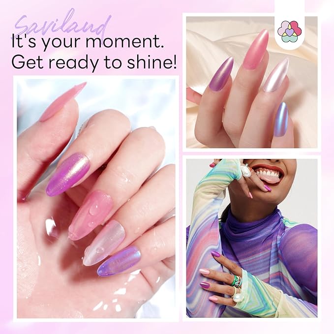SAVILAND Pearl Nail Polish Set: Quick Dry 12-Free Aurora Nail Polish 6 Shimmer Purple Pink Blue Colors Fingernail Polish Set Summer Vegan Nail Toes Lacquer DIY Nail Art Home Use Christmas Gift Women