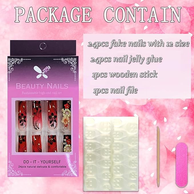 Press on Nails Coffin Long Length Acrylic Glossy Full Cover Square Shaped French False Nails with Designs Artificial Extra Long Fake Nails with Charms Glue ons Fingernails for Women(C130)