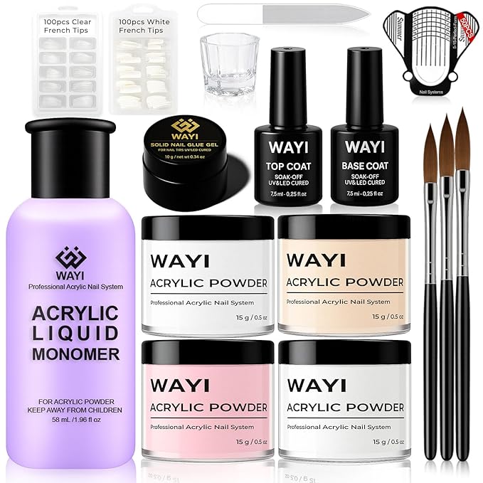 WAYI Acrylic Nail Kit for Beginners, Acrylic Powder & Liquid Set – 58ml Monomer Liquid, 4×15g Pink/White/Clear/Nude Powders, Brushes, Base & Top Coat, Solid Glue Gel, Tips, Forms, Glass File