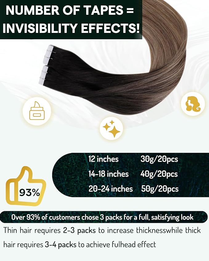 RUNATURE 20 Inch Tape Ins Hair Extensions Real Human Hair, 20pcs 50g Dark Brown Ombre Blonde, Tape In Hair Extensions for Women Smooth Texture Can be Curled