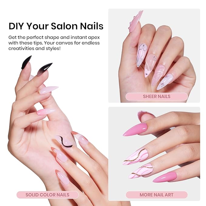 Beetles Tipex Instant Apex Nail Tips Medium Stiletto 16 Sizes 192 Pcs Pre-Etched Pre-Building Strong Thick Acrylic Tips