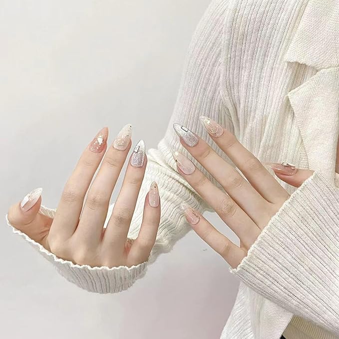 Handmade Press on Nails,Reusable False nails,Acrylic Fake Nails Kit,Luxury glitter orange white silver rhinestone Design Nail Art Kit,Include Toolkit,10pcs,Size L，#1947
